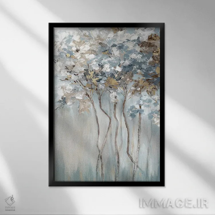 تابلو انتزاعی جنگل آبی طلایی اثر لونا ماویس - نمای قابدار مشکی