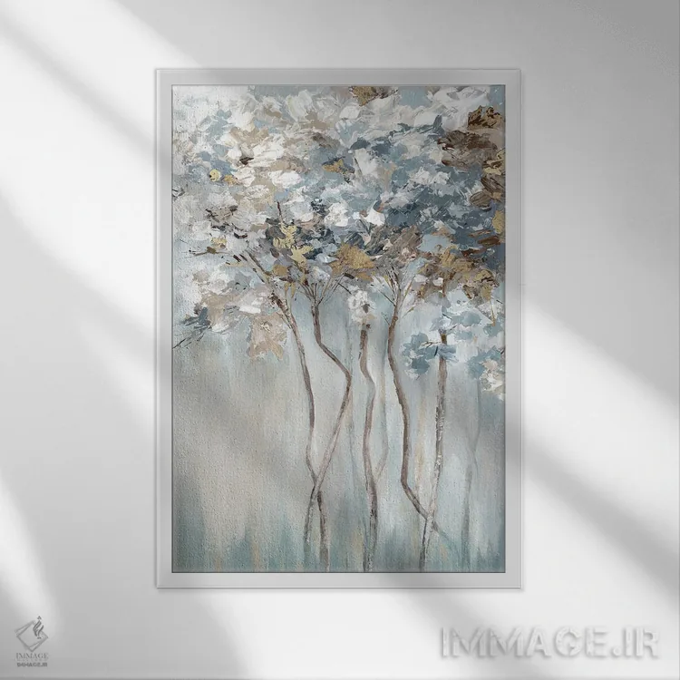 تابلو انتزاعی جنگل آبی طلایی اثر لونا ماویس - نمای قابدار سفید