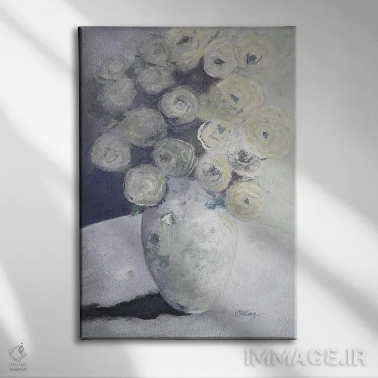 تابلو مدرن گلدان سبز با گل های زرد اثر لیندا استلینگ - نمای روبهرو روی دیوار