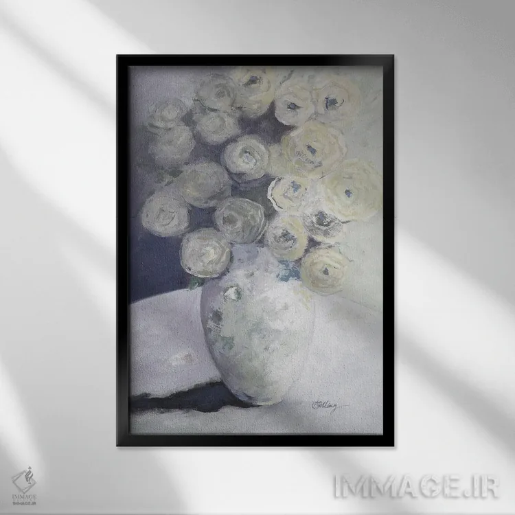 تابلو مدرن گلدان سبز با گل های زرد اثر لیندا استلینگ - نمای قابدار مشکی