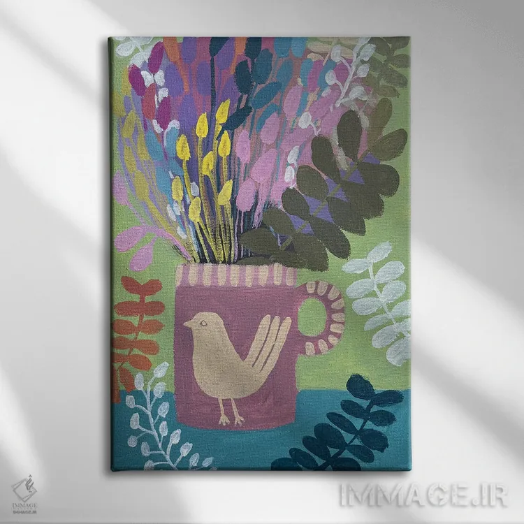 تابلو دکوراتیو فنجان صورتی با گل ها اثر لنکا اشتسنا - نمای روبهرو روی دیوار