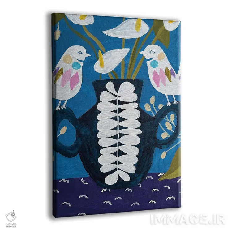 تابلو دکوراتیو گل ها در گلدان روی رومیزی با پرندگان اثر لنکا اشتسنا - نمای پرسپکتیو محصول