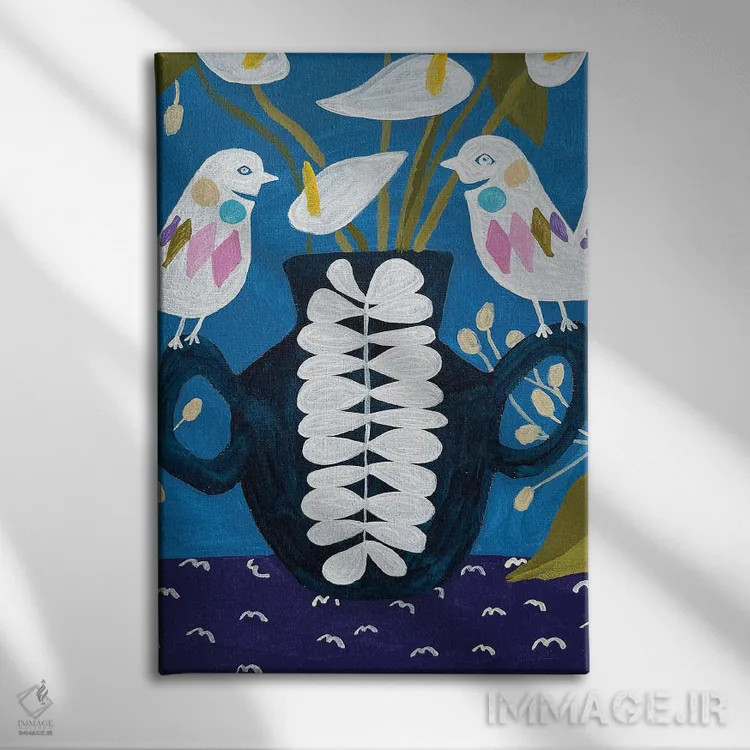 تابلو دکوراتیو گل ها در گلدان روی رومیزی با پرندگان اثر لنکا اشتسنا - نمای روبهرو روی دیوار