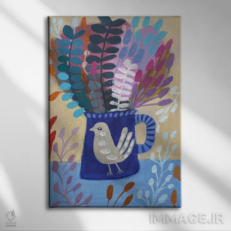تابلو دکوراتیو فنجان آبی با گل ها اثر لنکا اشتسنا - نمای روبهرو روی دیوار