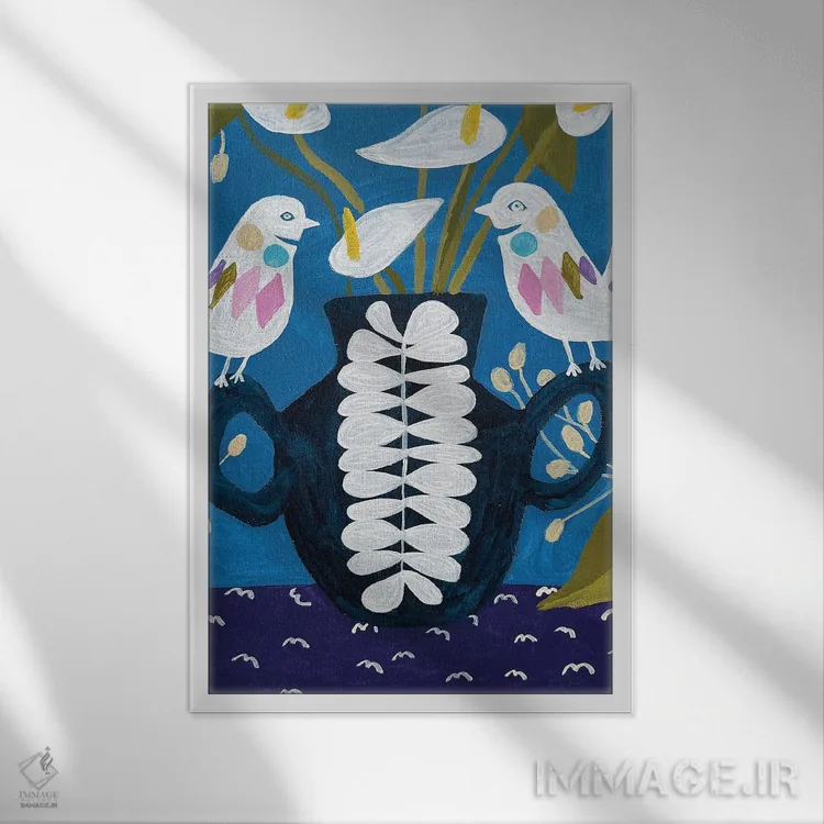 تابلو دکوراتیو گل ها در گلدان روی رومیزی با پرندگان اثر لنکا اشتسنا - نمای قابدار سفید