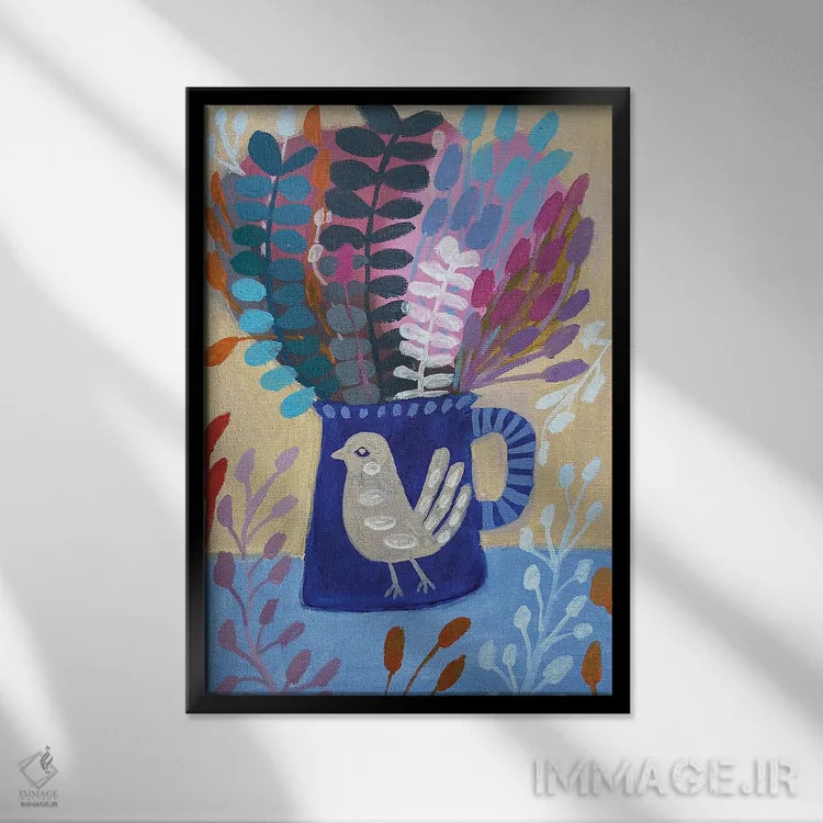 تابلو دکوراتیو فنجان آبی با گل ها اثر لنکا اشتسنا - نمای قابدار مشکی