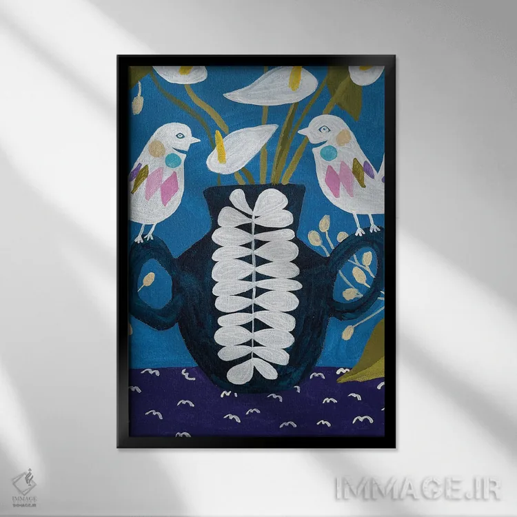 تابلو دکوراتیو گل ها در گلدان روی رومیزی با پرندگان اثر لنکا اشتسنا - نمای قابدار مشکی