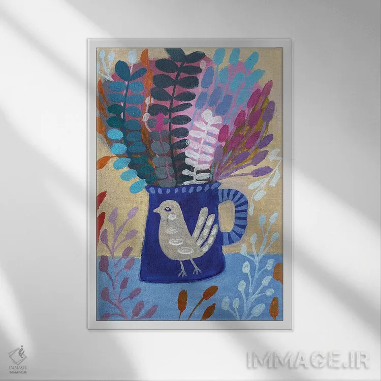 تابلو دکوراتیو فنجان آبی با گل ها اثر لنکا اشتسنا - نمای قابدار سفید