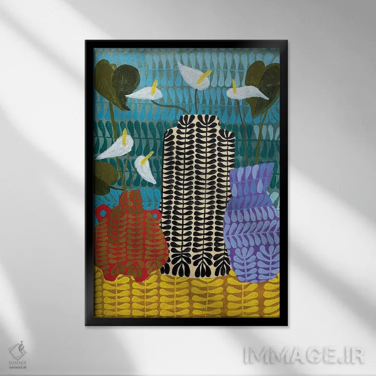 تابلو دکوراتیو سه گلدان با لیلیوم صلح و برگ انجیری اثر لنکا اشتسنا - نمای قابدار مشکی