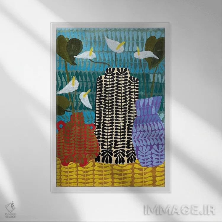 تابلو دکوراتیو سه گلدان با لیلیوم صلح و برگ انجیری اثر لنکا اشتسنا - نمای قابدار سفید