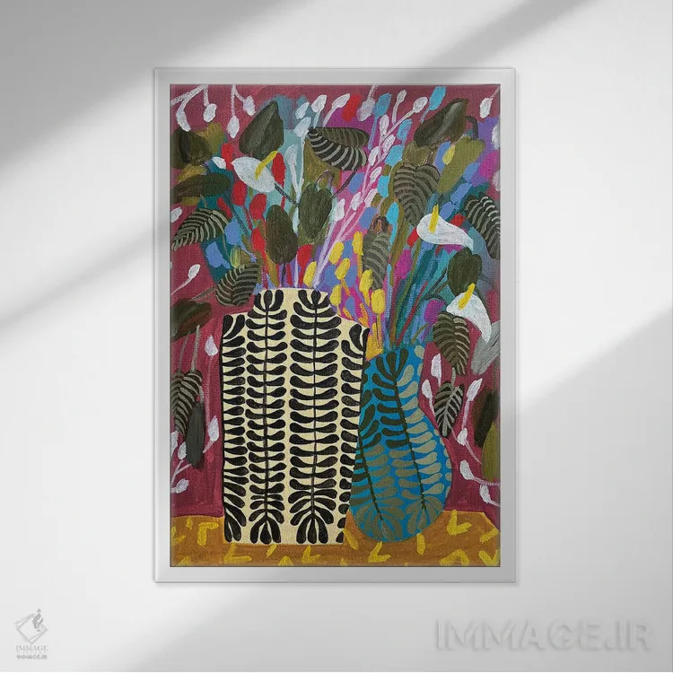 تابلو دکوراتیو گل ها در دو گلدان اثر لنکا اشتسنا - نمای قابدار سفید