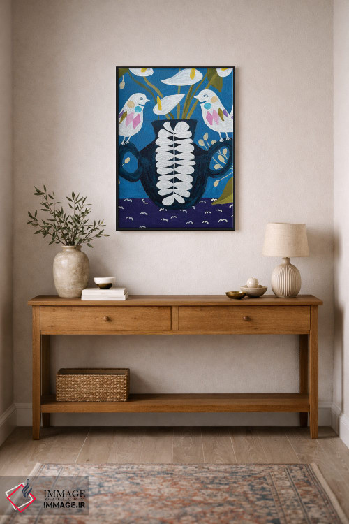 تابلو دکوراتیو گل ها در گلدان روی رومیزی با پرندگان اثر لنکا اشتسنا - D2B