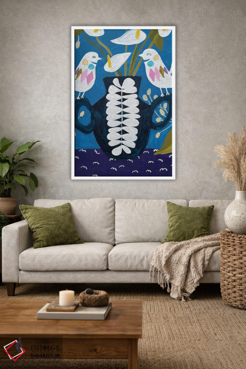 تابلو دکوراتیو گل ها در گلدان روی رومیزی با پرندگان اثر لنکا اشتسنا - D1W
