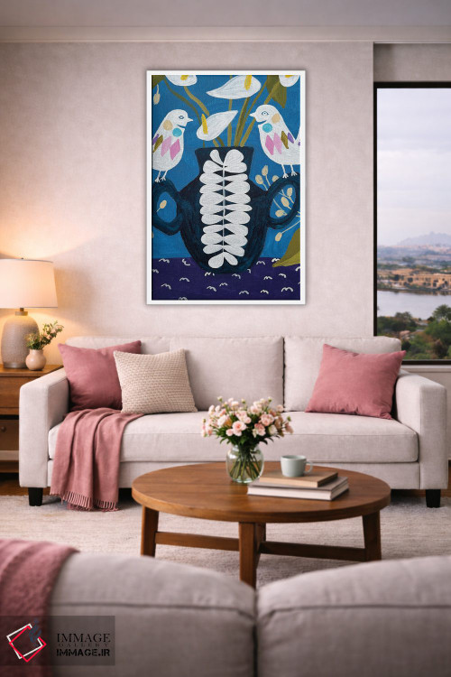 تابلو دکوراتیو گل ها در گلدان روی رومیزی با پرندگان اثر لنکا اشتسنا - D3W