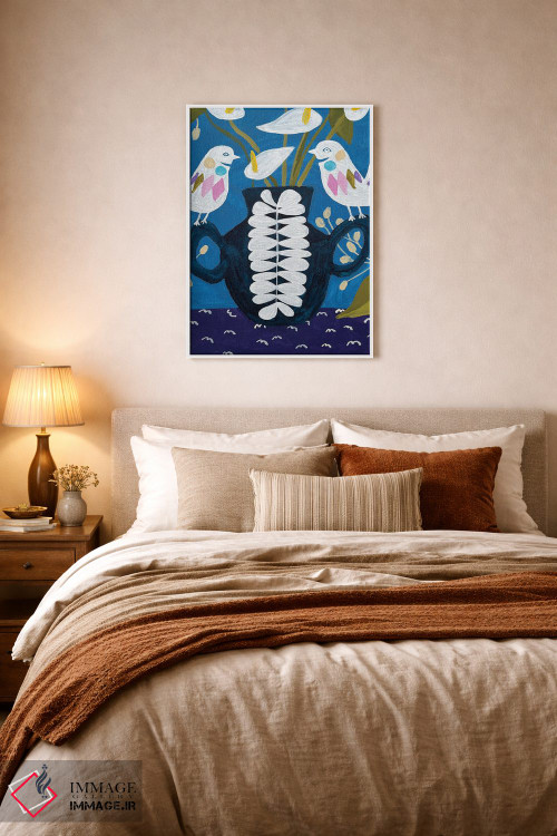 تابلو دکوراتیو گل ها در گلدان روی رومیزی با پرندگان اثر لنکا اشتسنا - D5W