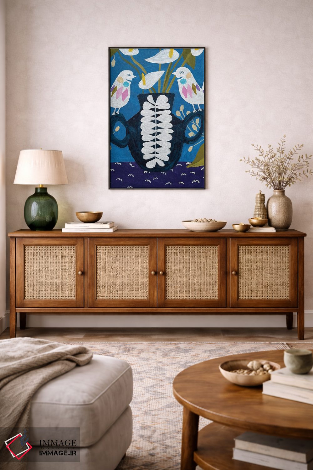 تابلو دکوراتیو گل ها در گلدان روی رومیزی با پرندگان اثر لنکا اشتسنا - D4B