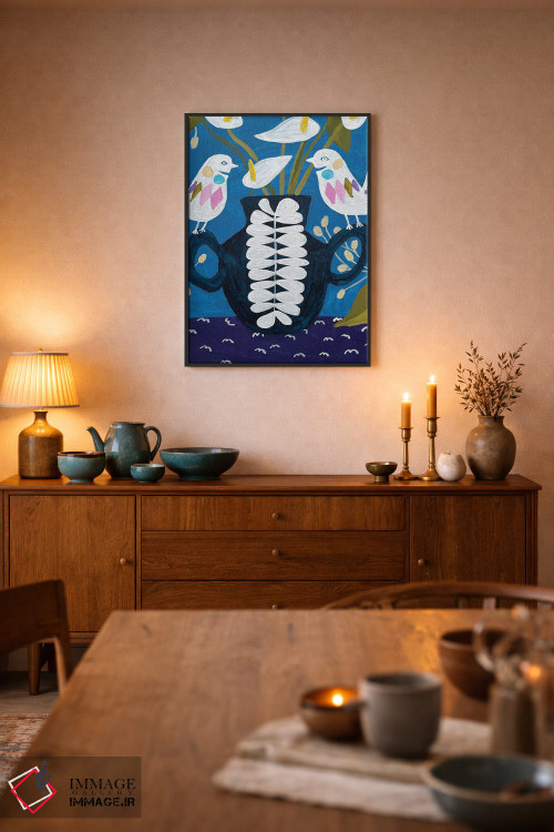 تابلو دکوراتیو گل ها در گلدان روی رومیزی با پرندگان اثر لنکا اشتسنا - D6B