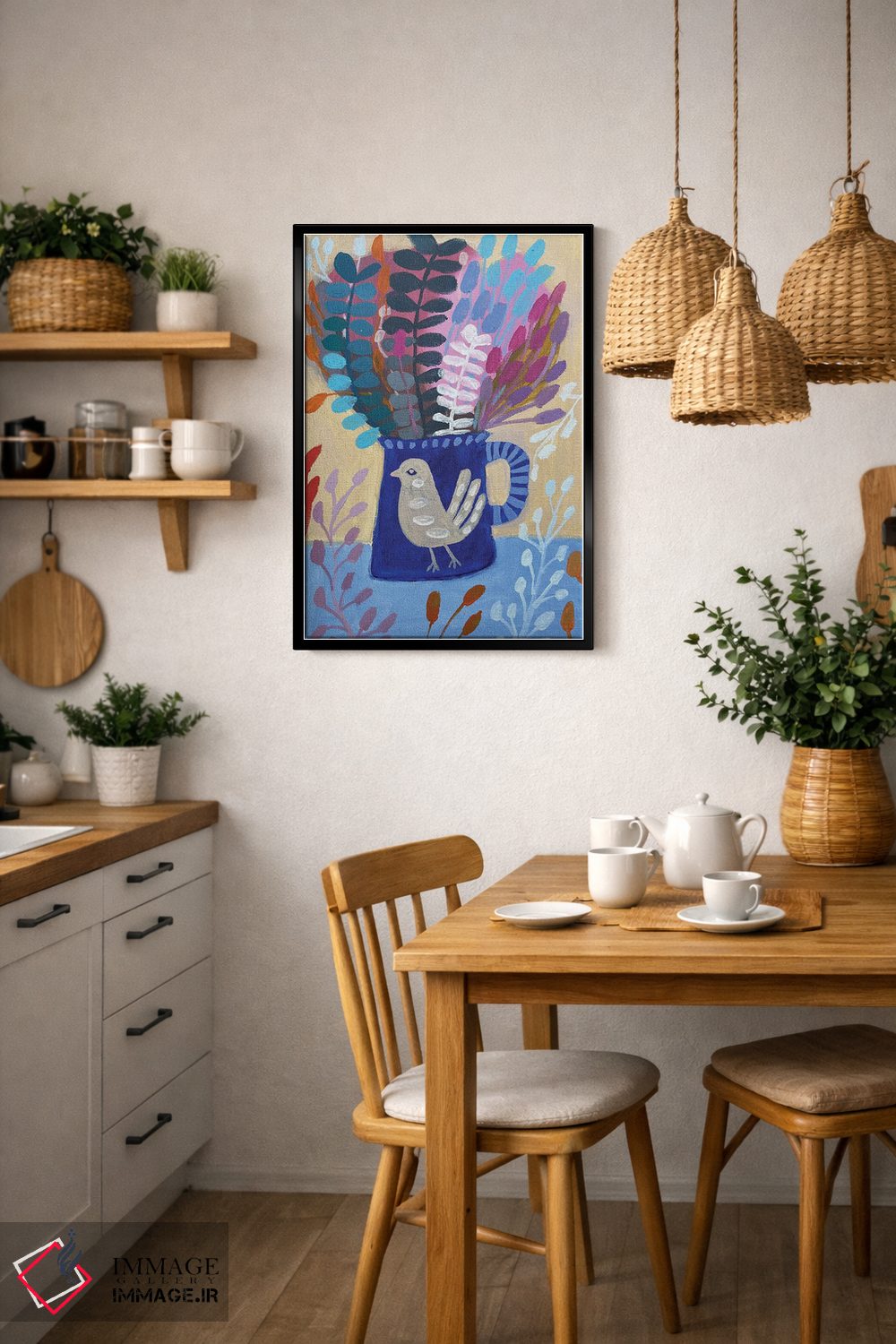 تابلو دکوراتیو فنجان آبی با گل ها اثر لنکا اشتسنا - D6B