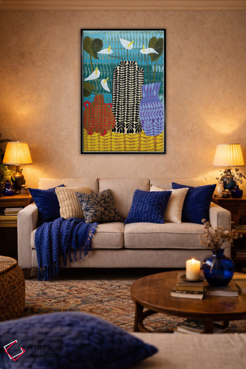 تابلو دکوراتیو سه گلدان با لیلیوم صلح و برگ انجیری اثر لنکا اشتسنا - D4B