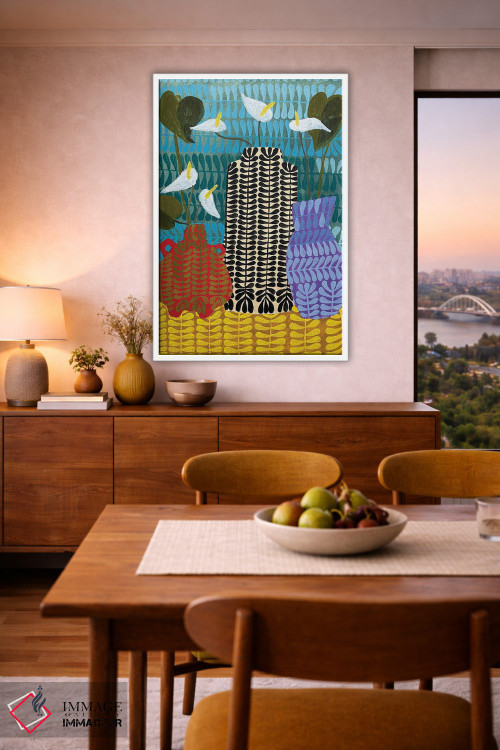 تابلو دکوراتیو سه گلدان با لیلیوم صلح و برگ انجیری اثر لنکا اشتسنا - D6W