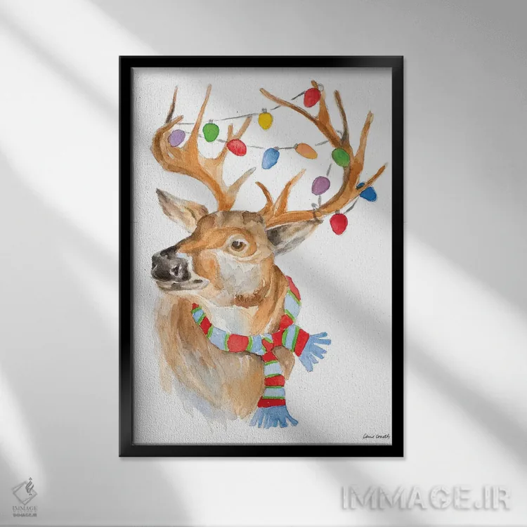 تابلو دکوراتیو "گوزن با چراغ ها و شال گردن" اثر لینی لورث - نمای قابدار مشکی