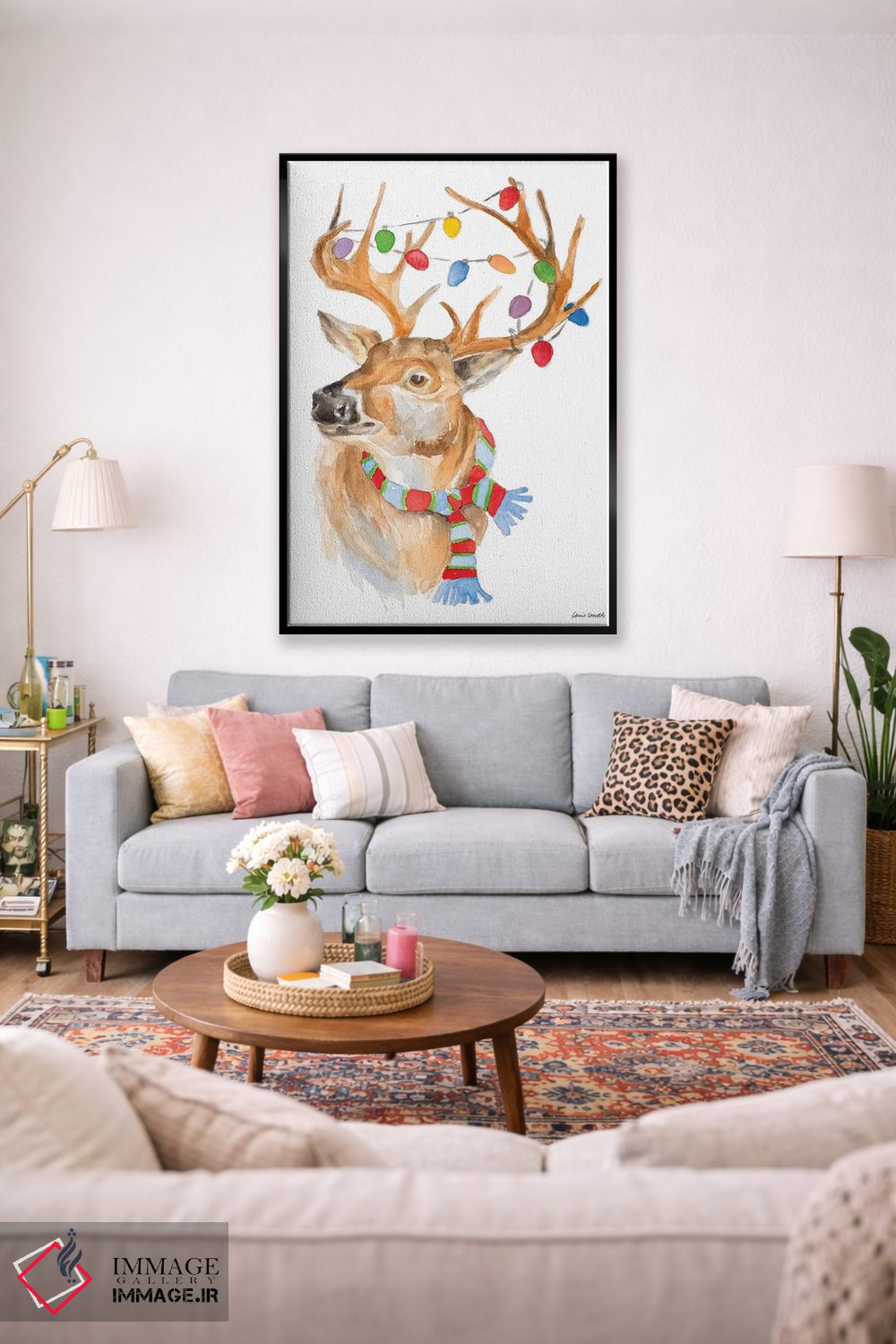 تابلو دکوراتیو "گوزن با چراغ ها و شال گردن" اثر لینی لورث - D1B