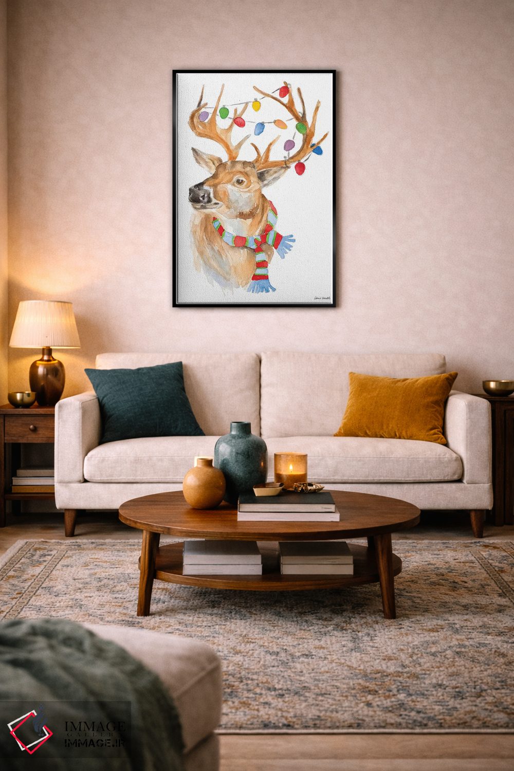 تابلو دکوراتیو "گوزن با چراغ ها و شال گردن" اثر لینی لورث - D5B