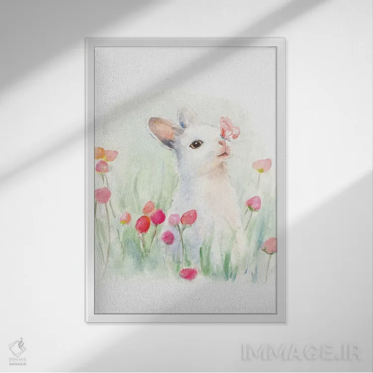 تابلو دکوراتیو "خرگوش سفید و پروانه" اثر لینی لورث - نمای قابدار سفید