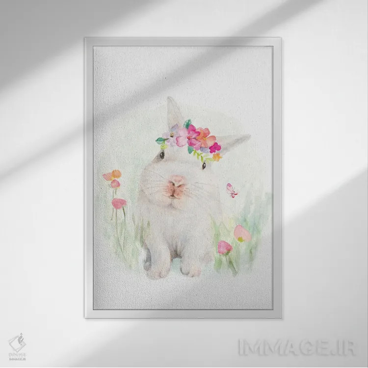 تابلو دکوراتیو "خرگوش سفید با کلاه گل دار" اثر لینی لورث - نمای قابدار سفید