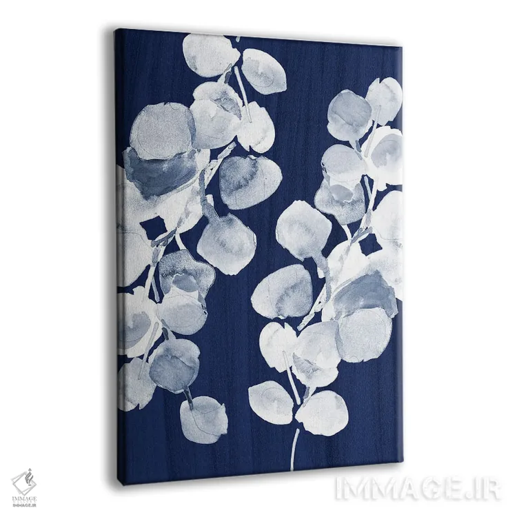 تابلو انتزاعی "برگ های اکالیپتوس روی سرمه ای" اثر لینی لورث - نمای پرسپکتیو محصول