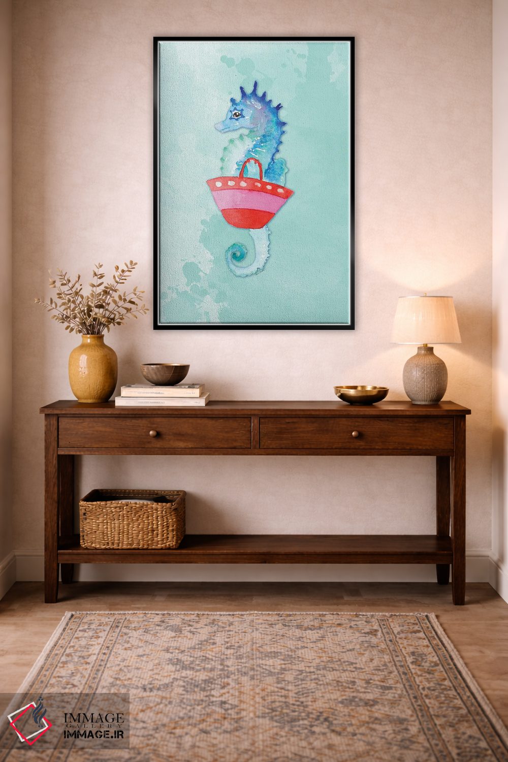 تابلو دکوراتیو "اسب دریایی با کیف روی آبرنگ " اثر لینی لورث - D5B