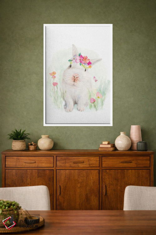 تابلو دکوراتیو "خرگوش سفید با کلاه گل دار" اثر لینی لورث - D1W