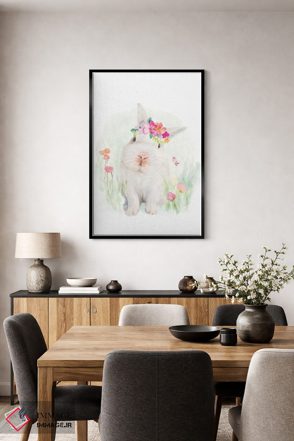 تابلو دکوراتیو "خرگوش سفید با کلاه گل دار" اثر لینی لورث - D5B