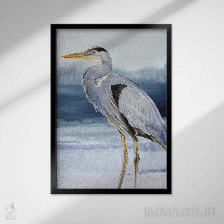 تابلو دکوراتیو "حواصیل روی زمینه آبی شماره یک" اثر لینی لورث - نمای قابدار مشکی