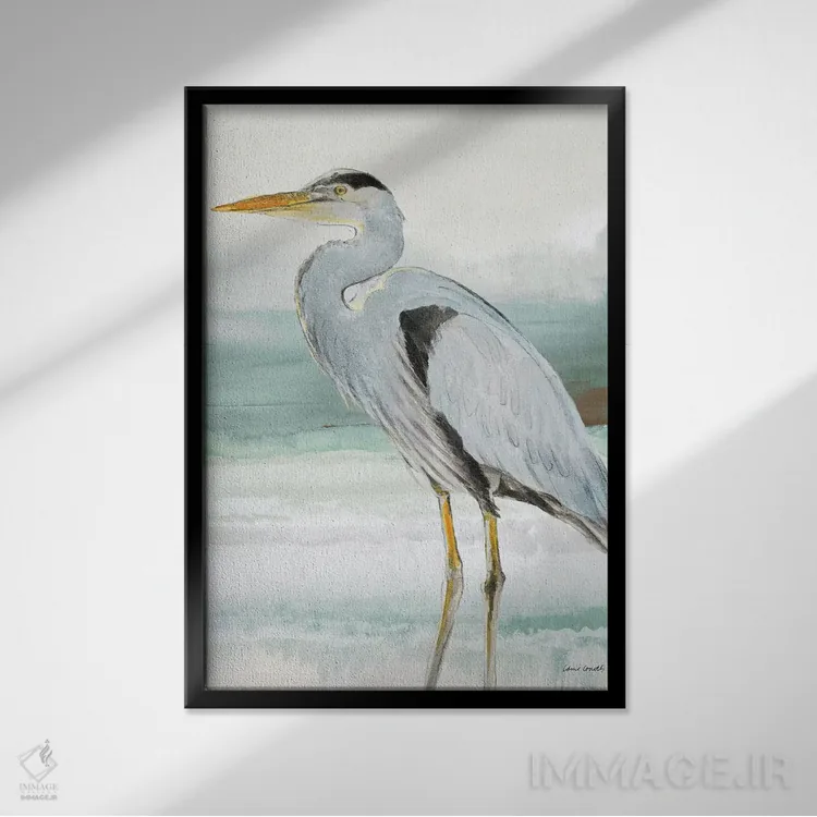 تابلو دکوراتیو "حواصیل روی شیشه دریایی شماره یک" اثر لینی لورث - نمای قابدار مشکی