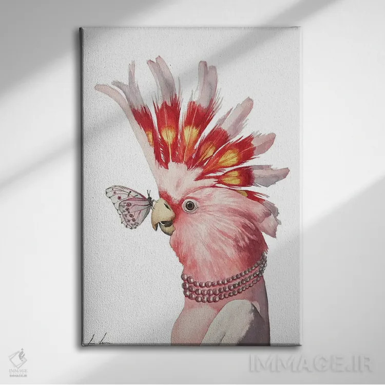 تابلو دکوراتیو "کاکاتوی صورتی" اثر لیزا لنون - نمای روبهرو روی دیوار