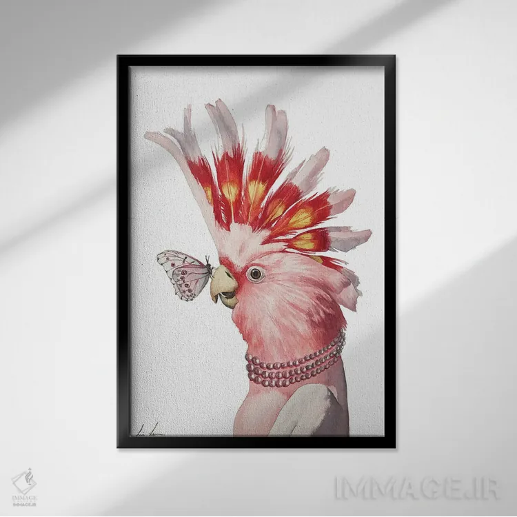 تابلو دکوراتیو "کاکاتوی صورتی" اثر لیزا لنون - نمای قابدار مشکی