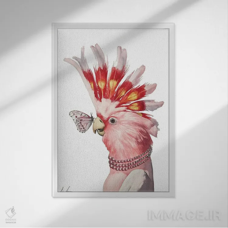 تابلو دکوراتیو "کاکاتوی صورتی" اثر لیزا لنون - نمای قابدار سفید