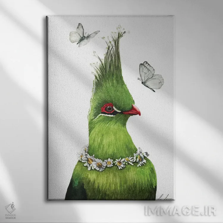 تابلو دکوراتیو "پرنده سبز" اثر لیزا لنون - نمای روبهرو روی دیوار