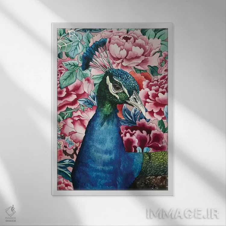 تابلو دکوراتیو "طاووس با گل ها" اثر لیزا لنون - نمای قابدار سفید