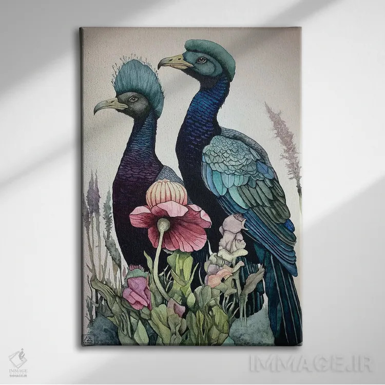 تابلو دکوراتیو "پرندگان سر آبی" اثر لیزا لنون - نمای روبهرو روی دیوار