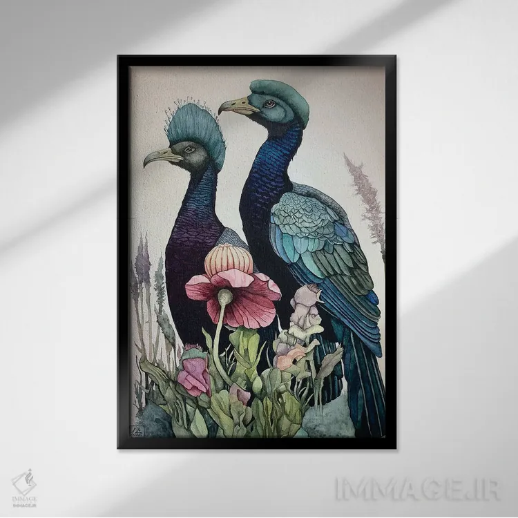 تابلو دکوراتیو "پرندگان سر آبی" اثر لیزا لنون - نمای قابدار مشکی