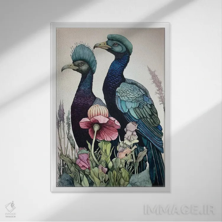 تابلو دکوراتیو "پرندگان سر آبی" اثر لیزا لنون - نمای قابدار سفید