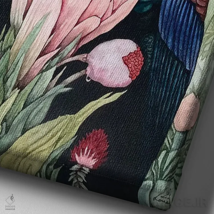 تابلو دکوراتیو "پرندگان تاج دار قرمز" اثر لیزا لنون - نمای نزدیک بافت بوم