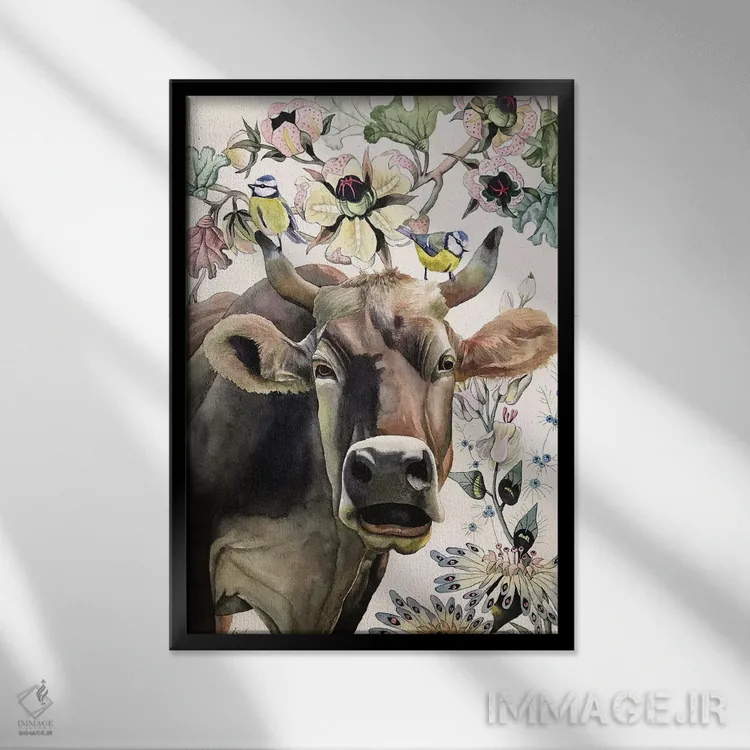 تابلو دکوراتیو "گاو" اثر لیزا لنون - نمای قابدار مشکی