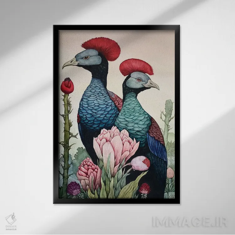 تابلو دکوراتیو "پرندگان تاج دار قرمز" اثر لیزا لنون - نمای قابدار مشکی