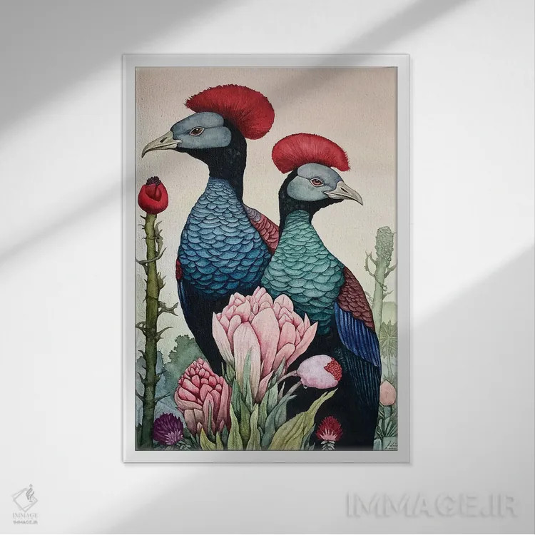 تابلو دکوراتیو "پرندگان تاج دار قرمز" اثر لیزا لنون - نمای قابدار سفید