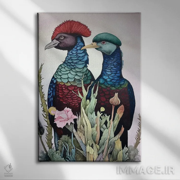 تابلو دکوراتیو "پرندگان تاج دار قرمز و آبی" اثر لیزا لنون - نمای روبهرو روی دیوار