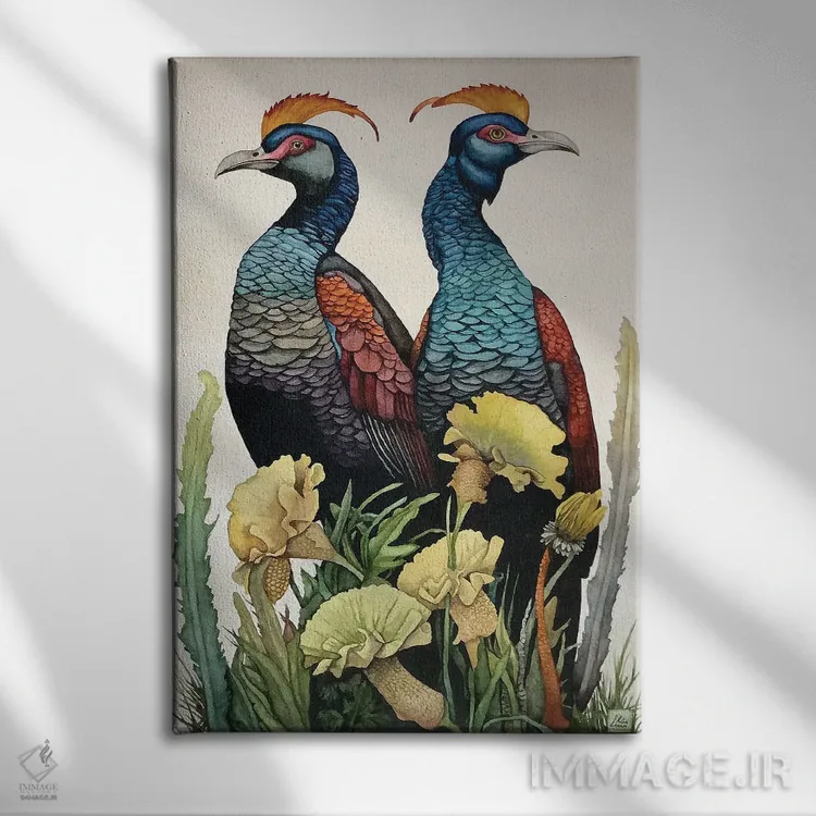 تابلو دکوراتیو "پرندگان تاج دار زرد" اثر لیزا لنون - نمای روبهرو روی دیوار