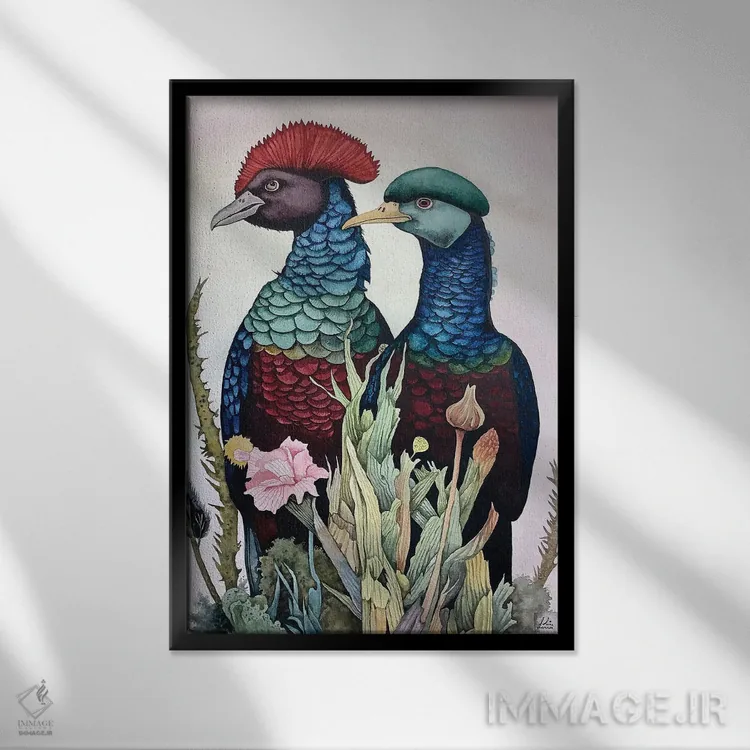 تابلو دکوراتیو "پرندگان تاج دار قرمز و آبی" اثر لیزا لنون - نمای قابدار مشکی